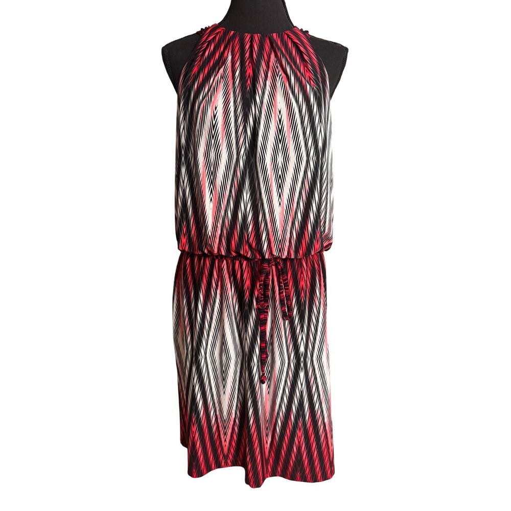 Mod Red Black Geometric Chevron Halter Retro Blouson Dress Size 12 Abstract
